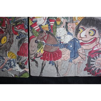 春松堂玉国「画本西遊記 百鬼夜行之図」三枚続 木版画原画　Z664 