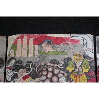 春松堂玉国「画本西遊記 百鬼夜行之図」三枚続 木版画原画　Z664 