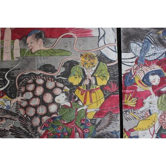 春松堂玉国「画本西遊記 百鬼夜行之図」三枚続 木版画原画　Z664 