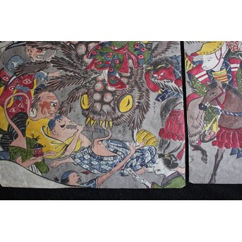 春松堂玉国「画本西遊記 百鬼夜行之図」三枚続 木版画原画　Z664 