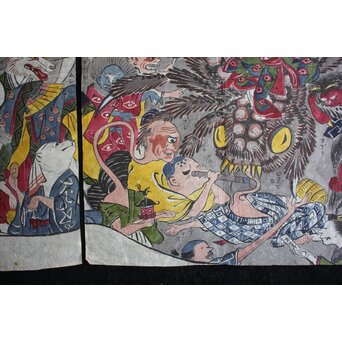 春松堂玉国「画本西遊記 百鬼夜行之図」三枚続 木版画原画　Z664 