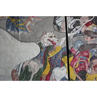 春松堂玉国「画本西遊記 百鬼夜行之図」三枚続 木版画原画　Z664 