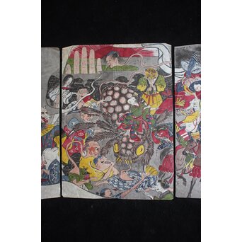 春松堂玉国「画本西遊記 百鬼夜行之図」三枚続 木版画原画　Z664 