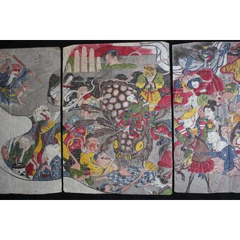 春松堂玉国「画本西遊記 百鬼夜行之図」三枚続 木版画原画　Z664 