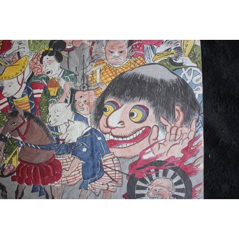 春松堂玉国「画本西遊記 百鬼夜行之図」三枚続 木版画原画　Z664 