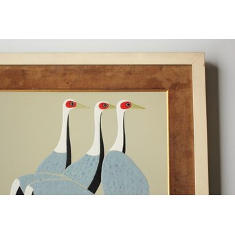 Onaga Tamotsu 尾長保 漆絵 群鶴図　Q390 