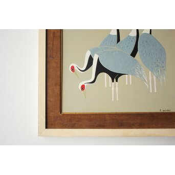 Onaga Tamotsu 尾長保 漆絵 群鶴図　Q390 