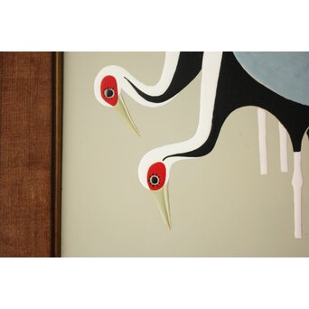 Onaga Tamotsu 尾長保 漆絵 群鶴図　Q390 