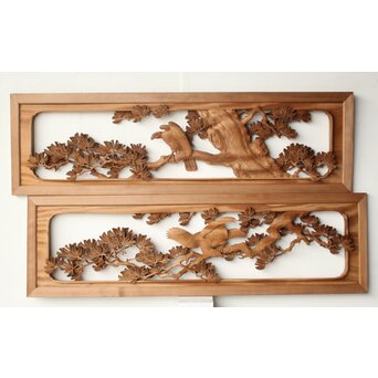 大島五雲 井波彫刻 鷹松木彫欄間 2枚1組　R0472