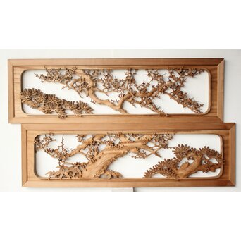 大島五雲 井波彫刻 松竹梅木彫欄間 2枚1組　R0473