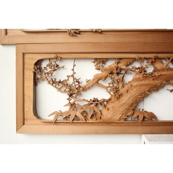 大島五雲 井波彫刻 松竹梅木彫欄間 2枚1組　R0473 