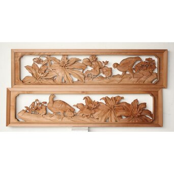 吉田楳堂 花鳥木彫欄間 2枚1組　R0488