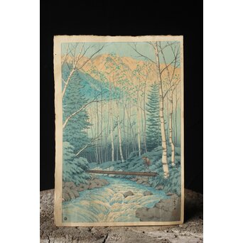 伊藤孝之 木版画【明け行く岳川】1932年渡辺庄三郎版 竹枠額装 Jシールワタナベ6㎜印　Z683