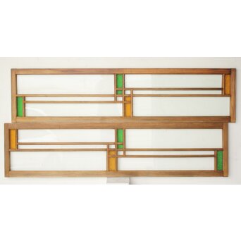 緑とアンバー色ガラスの欄間 2枚1組　R0490