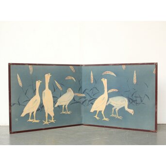 染色家 型染 伊砂久二雄 群鶏図 屏風　Z694