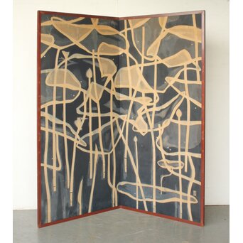 染色家 型染 伊砂久二雄 蓮図 屏風　Z695