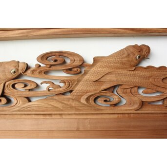 殿村芳謙 鯉波 中型木彫欄間 2枚1組　R0504 