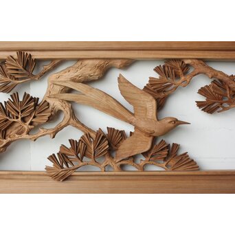 横山一夢 尾長鳥に松 木彫欄間 2枚1組　R0505 