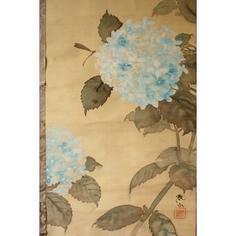 下村観山 紫陽花図 絹本軸装 東京美術俱楽部鑑定書付　Z704 