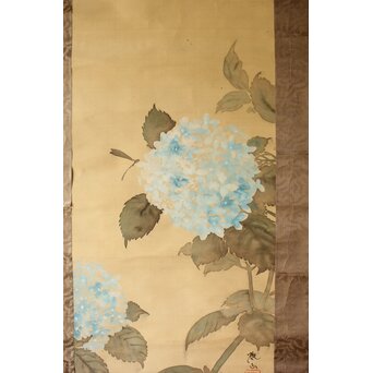 下村観山 紫陽花図 絹本軸装 東京美術俱楽部鑑定書付　Z704 