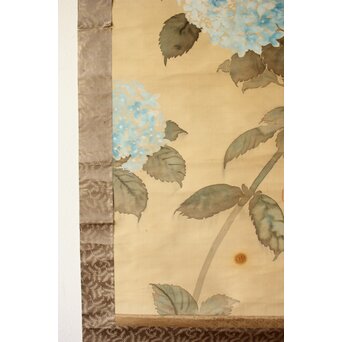 下村観山 紫陽花図 絹本軸装 東京美術俱楽部鑑定書付　Z704 