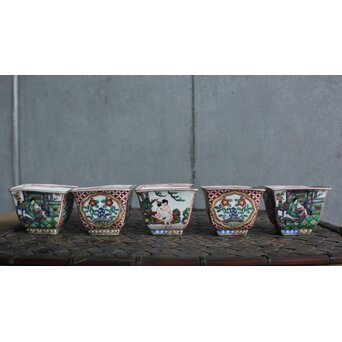 真葛香山父 真葛長造作か 萬歴赤絵意 煎茶碗 五客　P584 