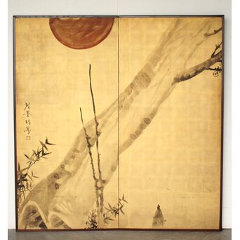 倣 寺崎広業 金地 竹梅図屏風　Z709 