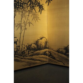 深野知堂 金字水墨竹図 六曲一双屏風　Z732 