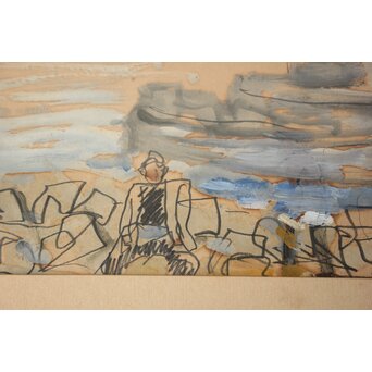 鈴木千久馬 鉛筆油彩【海辺】額装　Z752 