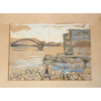 鈴木千久馬 鉛筆油彩【海辺】額装　Z752 