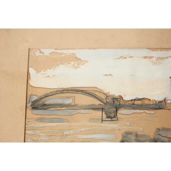 鈴木千久馬 鉛筆油彩【海辺】額装　Z752 