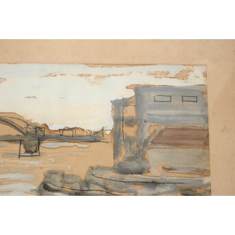 鈴木千久馬 鉛筆油彩【海辺】額装　Z752 