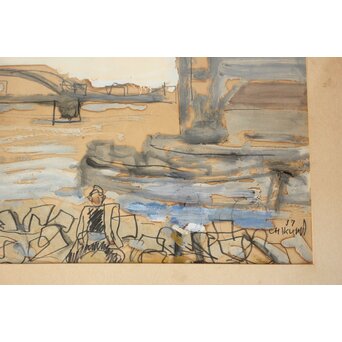 鈴木千久馬 鉛筆油彩【海辺】額装　Z752 