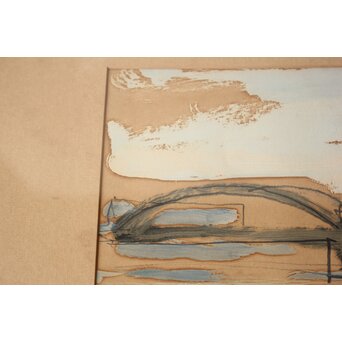 鈴木千久馬 鉛筆油彩【海辺】額装　Z752 