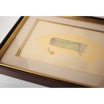 宮本三郎【アスパラ】水彩金地扇面 額装　Z753 