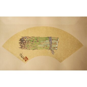 宮本三郎【アスパラ】水彩金地扇面 額装　Z753