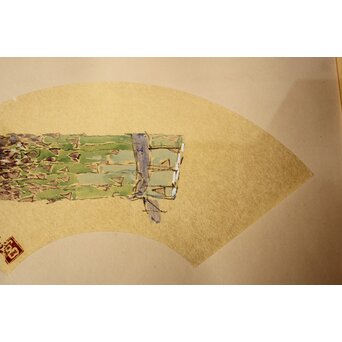 宮本三郎【アスパラ】水彩金地扇面 額装　Z753 