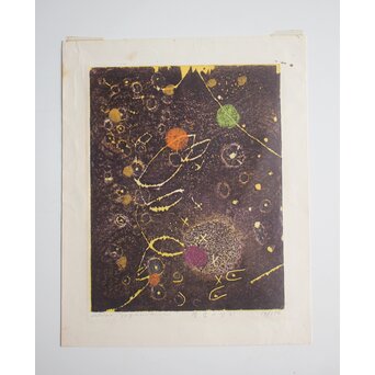 萩原英雄【星空の下で】木版画 額装　Z754