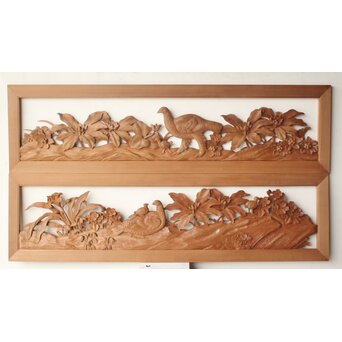 吉田楳堂 花鳥木彫欄間 2枚1組　R0520