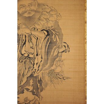 文川山貞 水墨細密画【神農図】絹本軸装　Z762 