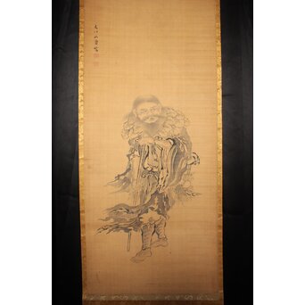 文川山貞 水墨細密画【神農図】絹本軸装　Z762 