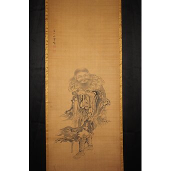 文川山貞 水墨細密画【神農図】絹本軸装　Z762