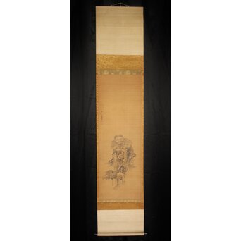 文川山貞 水墨細密画【神農図】絹本軸装　Z762 