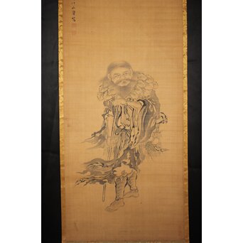 文川山貞 水墨細密画【神農図】絹本軸装　Z762 