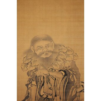 文川山貞 水墨細密画【神農図】絹本軸装　Z762 