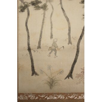 酒井三良【茸狩】和紙掛軸 共箱　Z765 