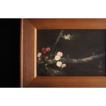 川村清雄 紅白梅図 油彩 板絵　Z783 