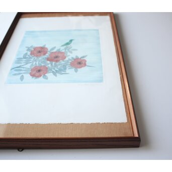 南 桂子 【花と緑色の鳥】 銅版画　Z793 