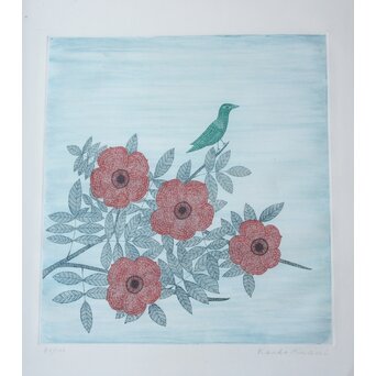 南 桂子 【花と緑色の鳥】 銅版画　Z793 