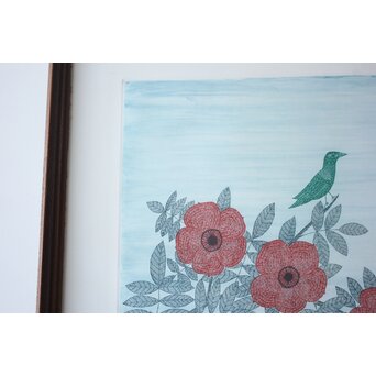 南 桂子 【花と緑色の鳥】 銅版画　Z793 